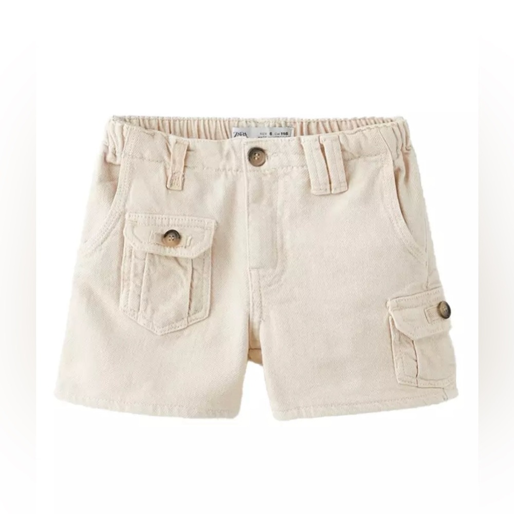 ZARA 100% Cotton Beige Cargo Shorts Safari Khaki Unisex Size 6